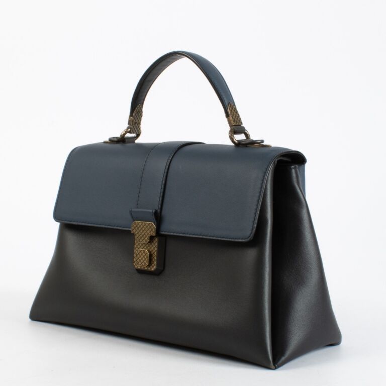 Bottega Veneta Navy Blue Leather Medium Piazza Top Handle Bag