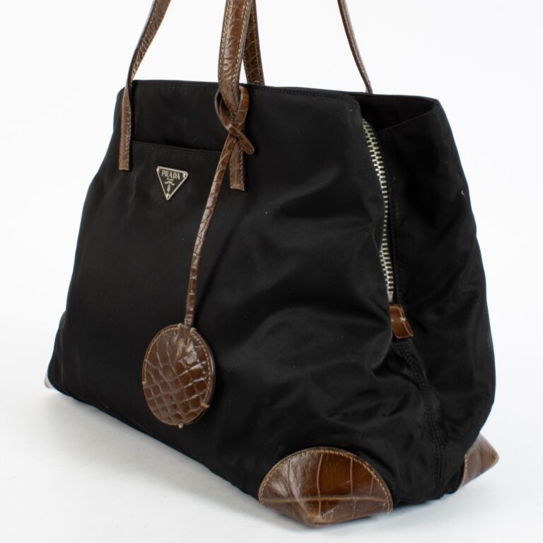 Prada Black Nylon/Crocodile Embossed Tote Bag ○ Labellov ○ Buy