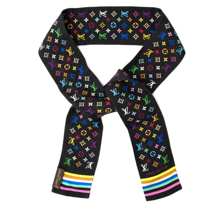 LOUIS VUITTON Black Multicolor Monogram Silk Slim Scarf Bandeau Headba