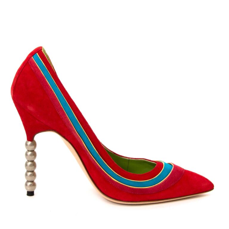 Manolo Blahnik Red Multicolor Suede Pumps With Stacked Beads Heel ...