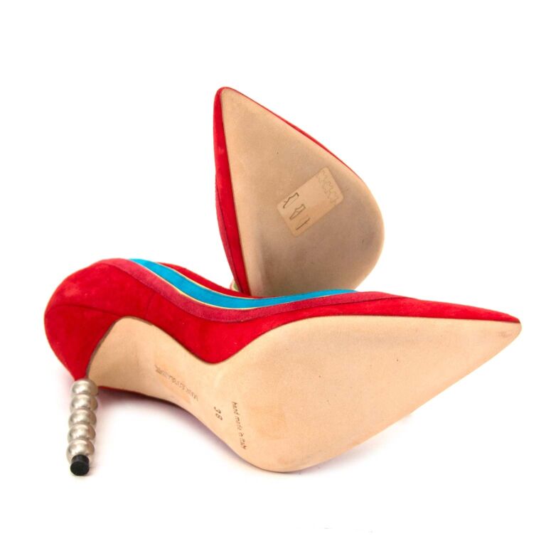 Manolo Blahnik Red Multicolor Suede Pumps With Stacked Beads