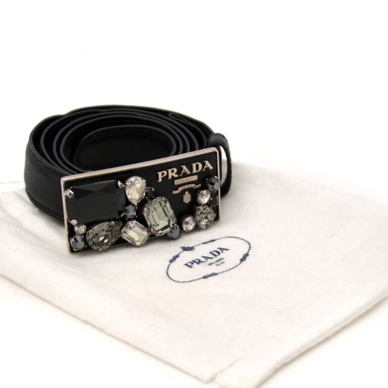 Prada Black Leather Stone Buckle Belt- Size 85 ○ Labellov
