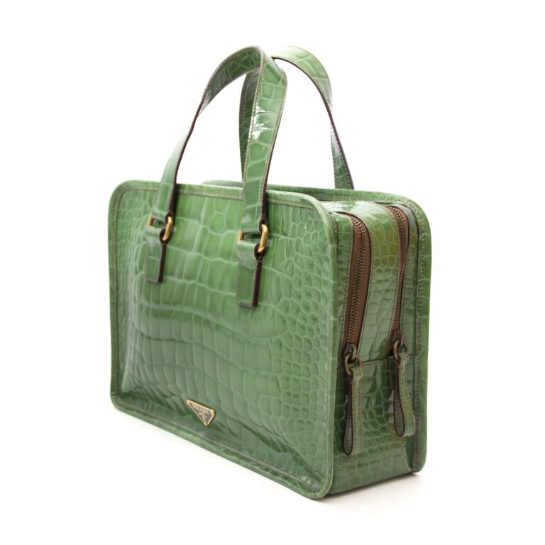 Prada Green Croc-Embossed Leather St. Coco Bauletto Top Handle Bag