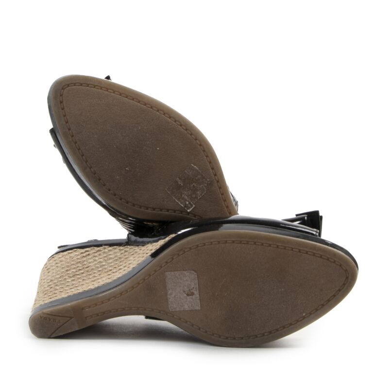 Prada Black Patent Leather Bow Espadrille Wedge Sandals