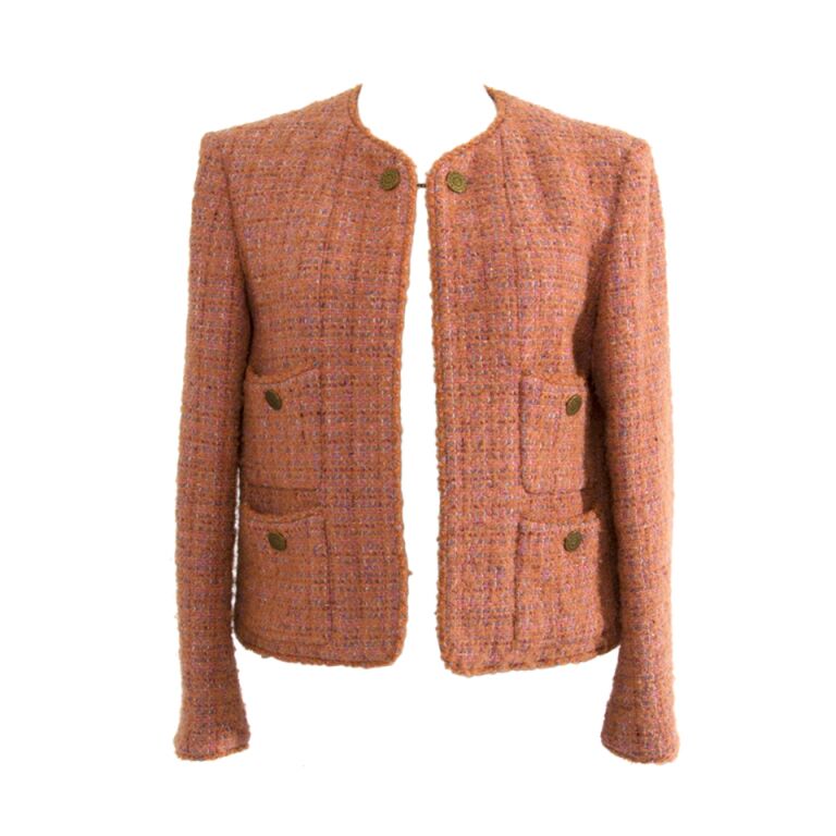 Vintage Chanel Wool Blazer Jacket in Dusty Pink Salmon and Orange