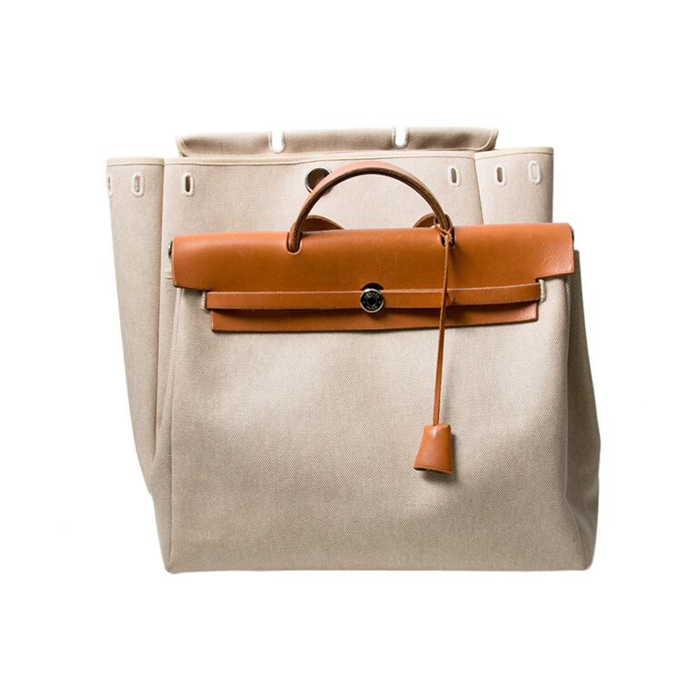 Hermes Herbag Cognac and Beige Toile H Canvas 2 in 1 Bags Labellov Buy and Sell Authentic Luxury