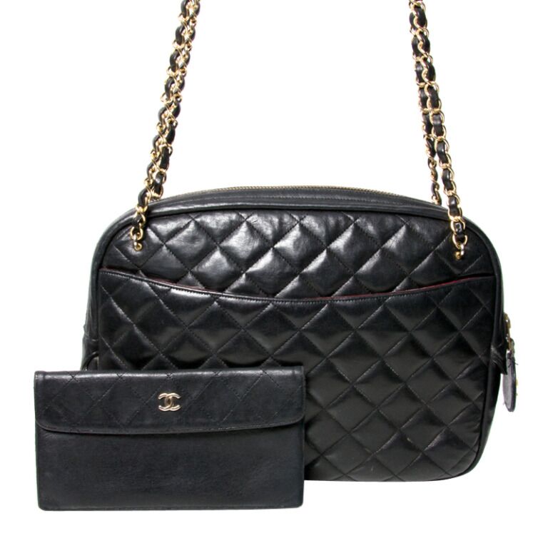 Chanel Black Quilted Leather Tote Shoulder Bag And Wallet