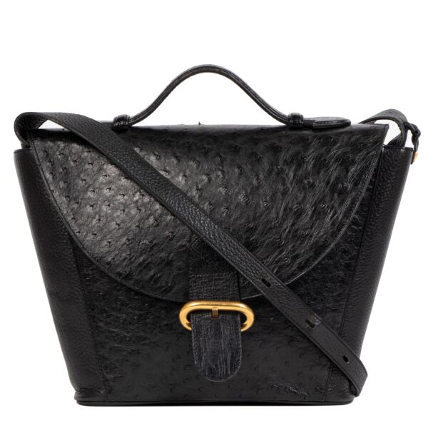 Authentic second-hand vintage Delvaux Black Ostrich Leather Crossbody Bag buy online webshop LabelLOV