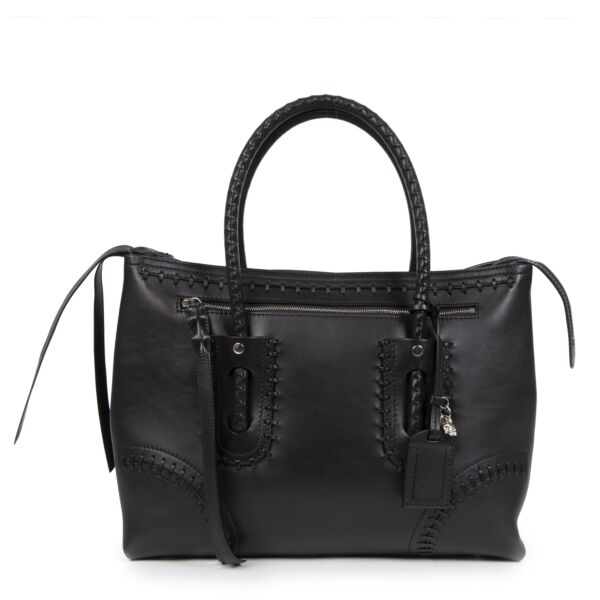 Authentic secondhand Alexander McQueen Black Whip Stitch Folk Tote Top Handle Bag designer bags fashion designer brands luxury vintage webshop safe secure online shopping worldwide shipping delivery