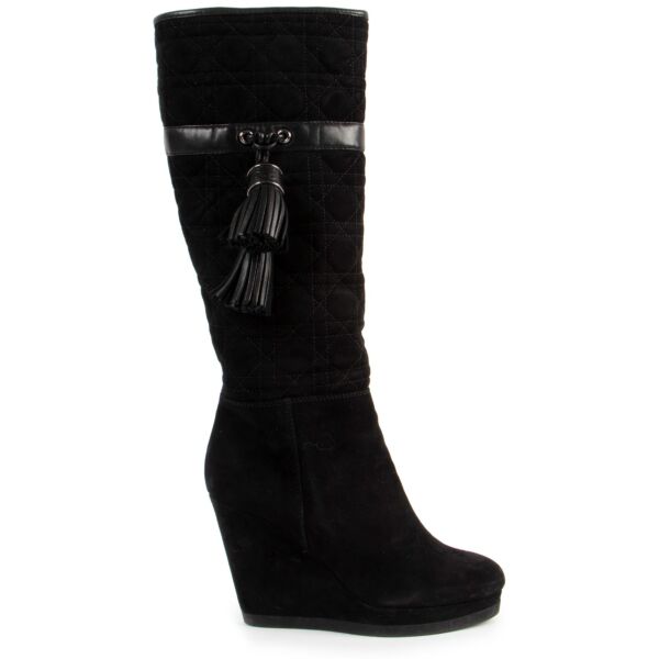 Christian Dior Black Cannage Pompon Tassel Shearling Boots - Size 38,5