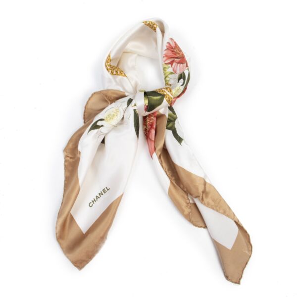 Authentic second-hand vintage Chanel Beige Flower Pattern Silk Scarf buy online webshop LabelLOV