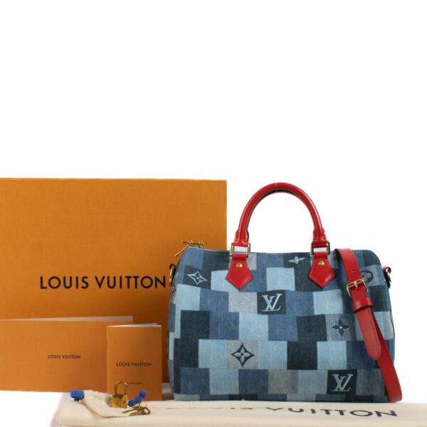 Louis Vuitton Blue Denim Check/Red Leather Speedy 30 Bag