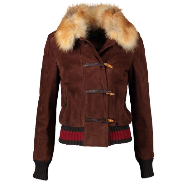 Authentieke tweedehands vintage Gucci Suede Fux Collar Jacket koop online webshop LabelLOV