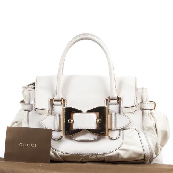 Gucci White Leather Queen Large Bow Buckle Boston Bag