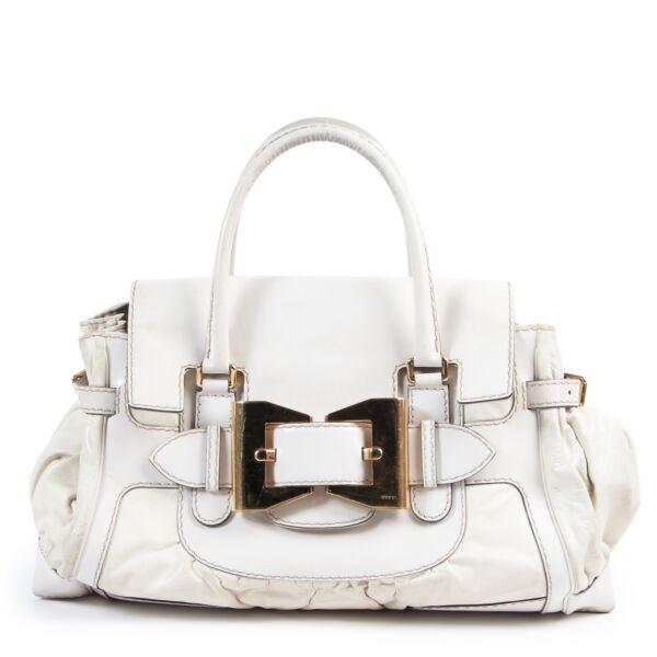 Authentieke Tweedehands Gucci White Leather Queen Large Bow Buckle Boston Bag juiste prijs veilig online shoppen luxe merken webshop winkelen Antwerpen België mode fashion