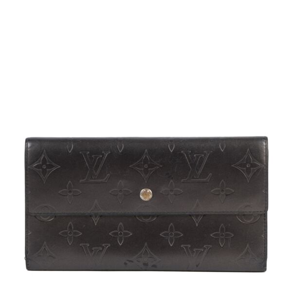 Authentic secondhand Louis Vuitton Dark Gray Matte Long Embossed Monogram Leather Wallet designer bags luxury vintage webshop fashion safe secure online shopping
