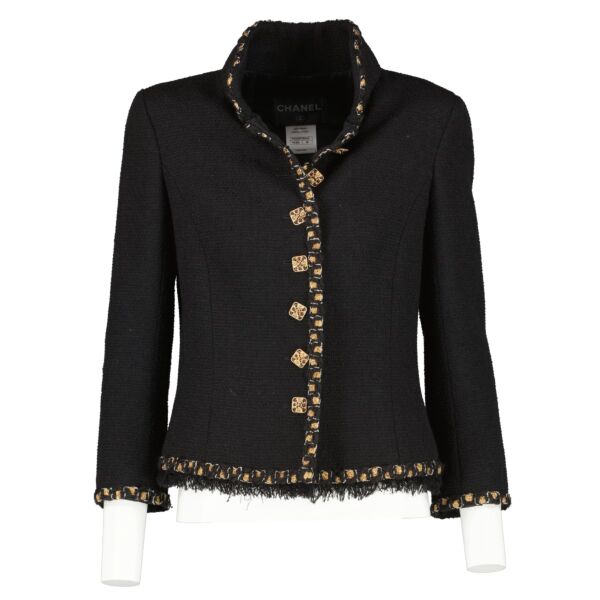 Chanel 12C Black Fantasy Tweed Frayed Hem Jacket