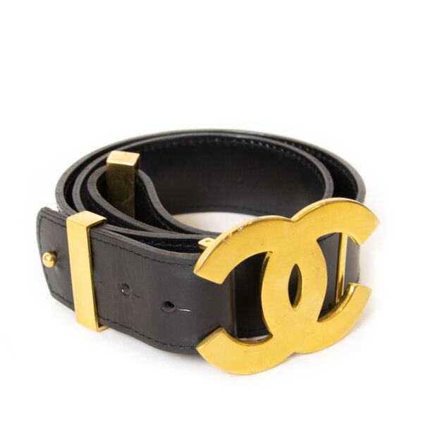 Chanel Black Leather Gold CC Logo Belt - Size 80 available at Labellov secondhand luxury in Antwerp