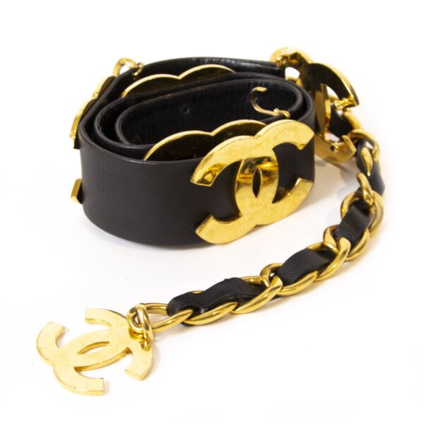 Authentieke tweedehands vintage Chanel Black CC Multilogo Belt koop online webshop LabelLOV