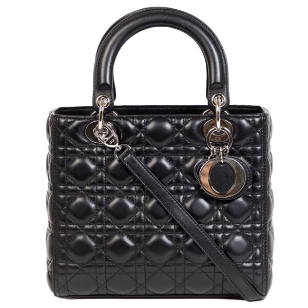 100% authentic Christian Dior Lady Dior Black Calfskin Leather Bag