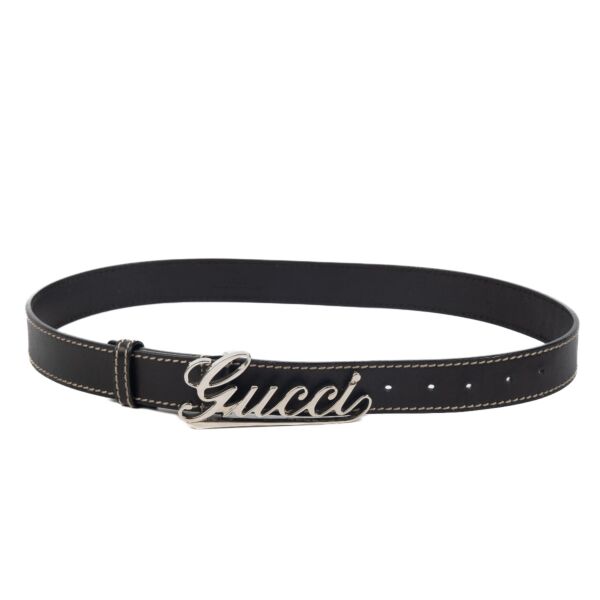 Gucci Silver Logo Leather Belt - size 100