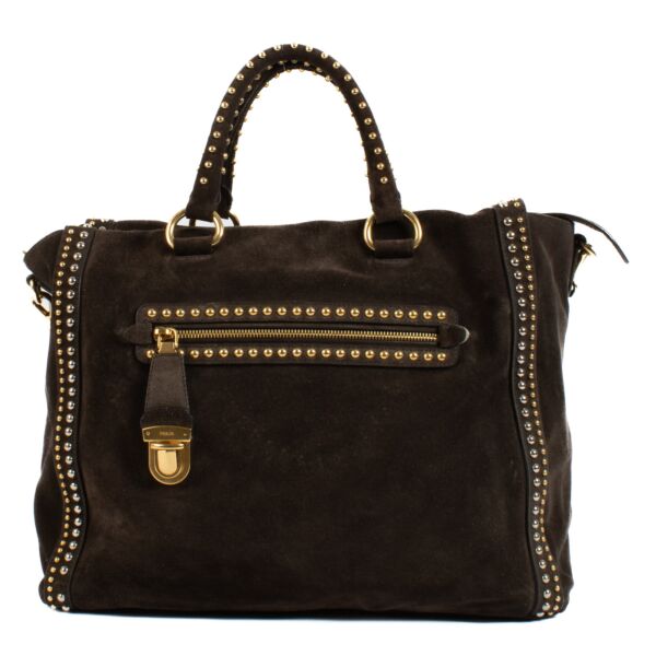 Prada Brown Suede Studded Tote Bag for the best price at Labellov secondhand luxury. 