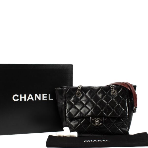Chanel Black Glazed Calfskin Duo Color Small Tote Bag
