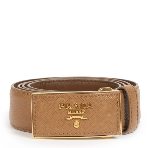 Authentic secondhand Prada Logo Plaque Camel Saffiano Belt - size 90 designer bags designer accessories designer belts vintage webshop safe secure online shopping worldwide shipping