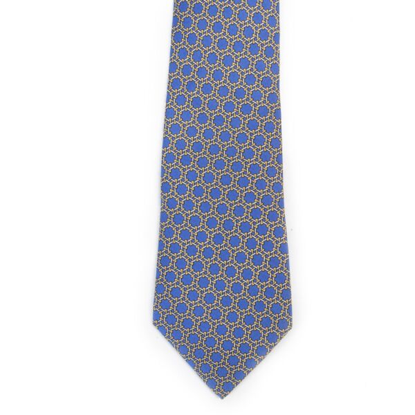 Authentic secondhand Hermès Blue Decorated Silk Tie designer accessories fashion luxury vintage webshop safe secure online shopping