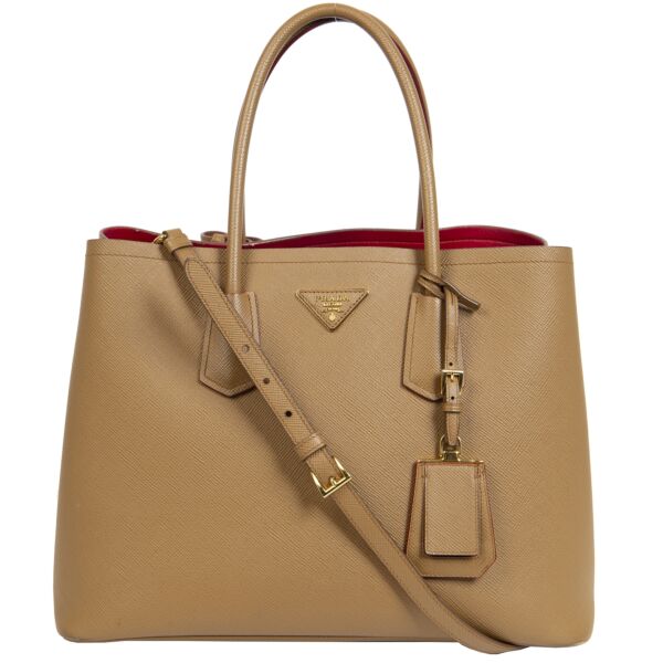 Authentieke Tweedehands Prada Saffiano Leather Double Medium Tote Bag juiste prijs veilig online shoppen luxe merken webshop winkelen Antwerpen België mode fashion