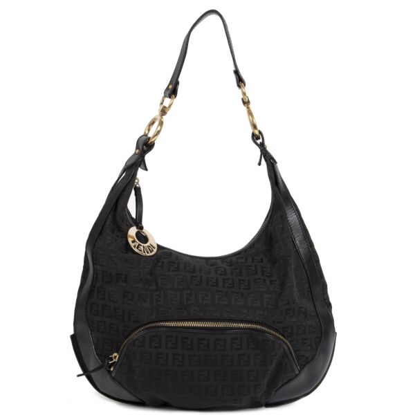 Authentieke Tweedehands Fendi Black Zucca Monogram Canvas Hobo Bag juiste prijs veilig online shoppen luxe merken webshop winkelen Antwerpen België mode fashion
