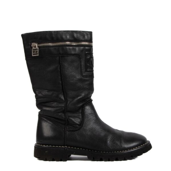 Buy real authentic Chanel Black Leather CC Zipper Biker Boots safe online at Labellov.com 