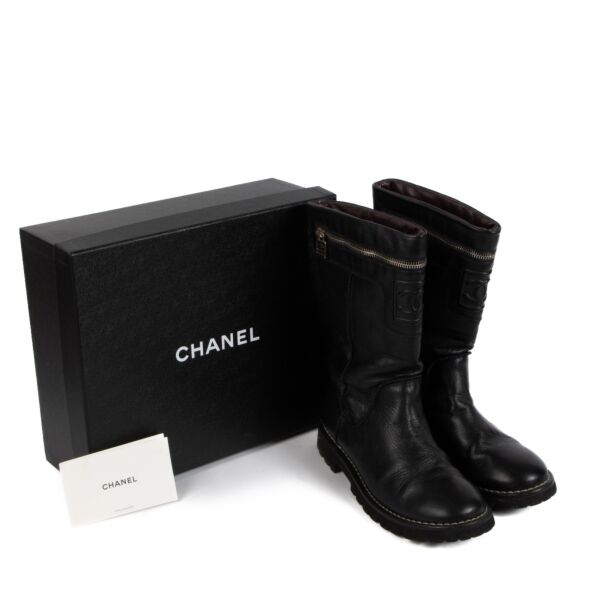 Chanel Black Leather CC Zipper Biker Boots - Size 37