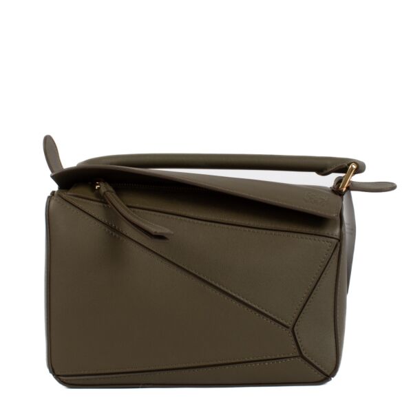 Shop safe online at Labellov in Antwerp and Knokke this 100% authentic second hand Loewe Khaki Calfskin Puzzle Small Hand Bag