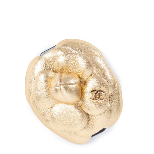 Chanel Cruise 2018 Metallic Gold Leather CC Camellia Brooch