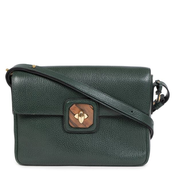Authentieke Tweedehands Delvaux Green Leather Wooden Turnlock Bag juiste prijs veilig online shoppen luxe merken webshop winkelen Antwerpen België mode fashion