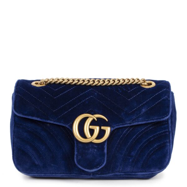 Authentique seconde-main vintage Gucci Small Blue Velvet Marmont Bag achète en ligne webshop LabelLOV