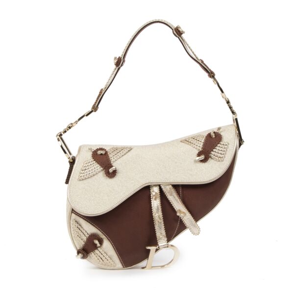 Authentic secondhand Dior Brown Leather & Gold Textile Saddle Bag designer bags designer brands fashion luxury vintage webshop saddle bag limited edition safe secure online shopping worldwide shipping delivery