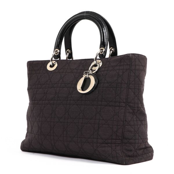 Christian Dior Grey Fabric Lady Dior Large Top Handle Bag