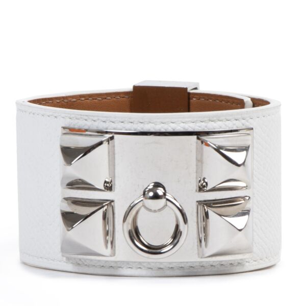 Authentic secondhand Hermès Collier de Chien White Epsom Leather Palladium Plated Bracelet designer accessories fashion luxury vintage webshop safe secure online shopping