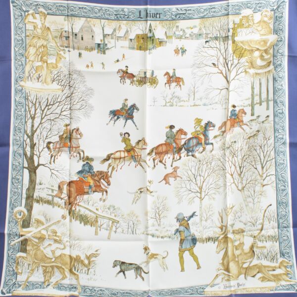 Hermès Navy Multicolor Silk L'Hiver Scarf 90