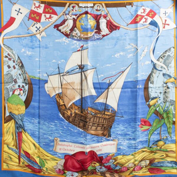 Hermès Jacquard Carré 90 Christophe Columb Découvre l'Amerique Silk Scarf