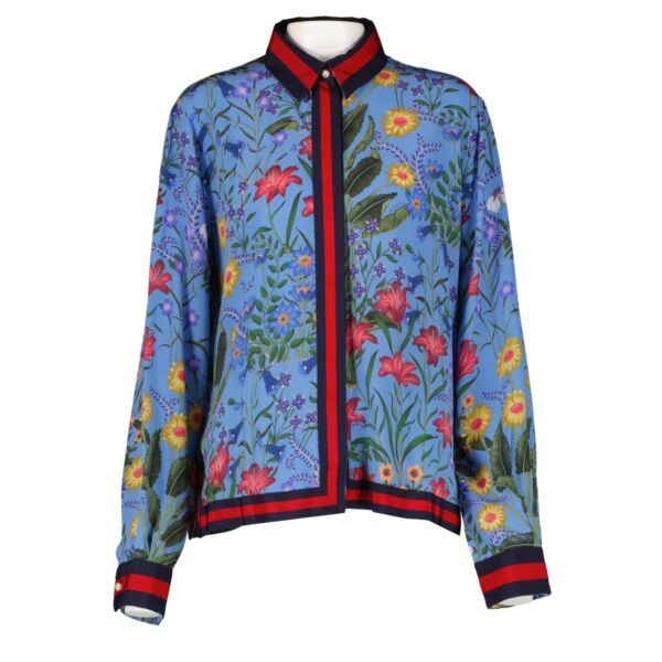 Gucci Blue New Flora Print Web Silk Shirt
