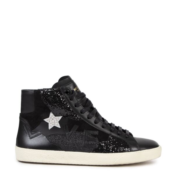 Authentieke Tweedehands Saint Laurent Black Glitter Love Sneakers - Size 38 juiste prijs veilig online shoppen luxe merken webshop winkelen Antwerpen België mode fashion