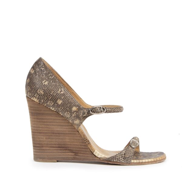 Authentieke Tweedehands Hermès Strappy Lizard & Leather Wedge Sandal - Size 38,5 juiste prijs veilig online shoppen luxe merken webshop