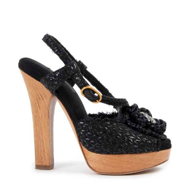 Dolce & Gabbana Black Rosette Raffia Wood Platform Sandals - Size 36