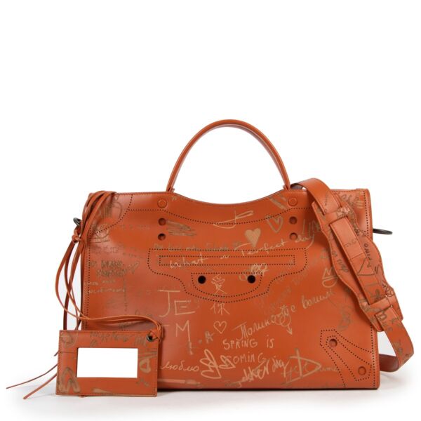 Balenciaga Orange Matte Calfskin Graffiti Blackout City AJ Love Satchel Bag