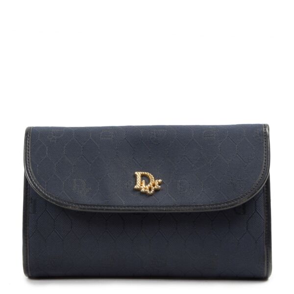 Authentic second-hand vintage Christian Dior Honeycomb Navy Canvas Chain Crossbody Bag buy online webshop LabelLOV