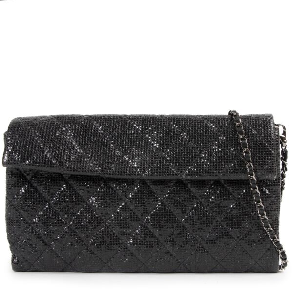 Authentieke Tweedehands Chanel Black Quilted Glitter Clutch  juiste prijs veilig online shoppen luxe merken webshop winkelen Antwerpen België mode fashion