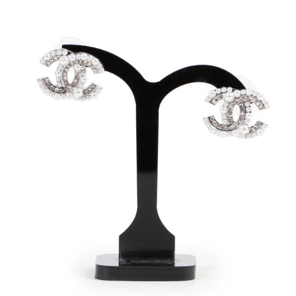 Chanel Silver Diamond Pearl Earrings